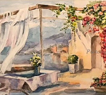 Картина: Итальянский дворик с бугенвиллеями: вид на море